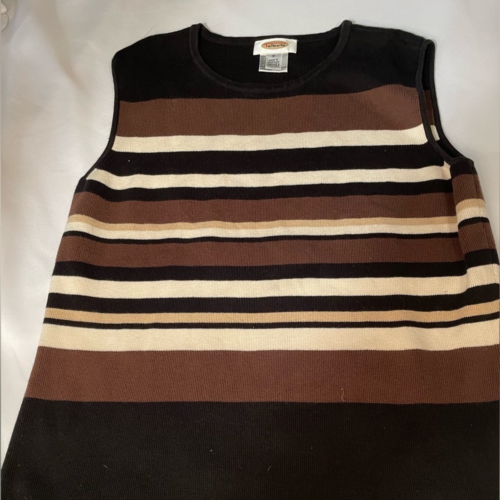 Talbots Women’s Sleeveless sweater Medium Cotton ribbed Top brown’s cream black‎